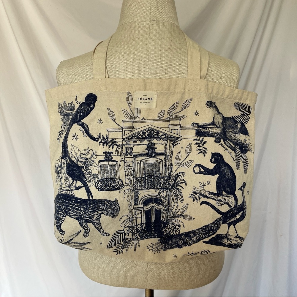 Sézane Maia Bunge Blue Jungle Print Cotton Canvas Tote Shopping Bag